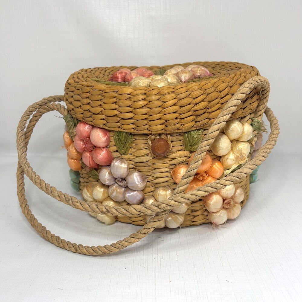 Vintage 3D Floral Round Straw Sewing Basket Bag Travel Case Purse Cottage Core